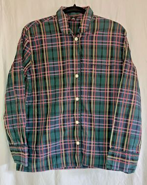 J Crew Womens S Pajama Top Long Sleeve Green Plaid Button Up Collared Pocket
